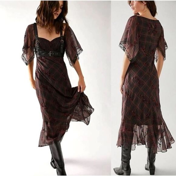 NWOT Free People Grunge WhimsyGoth Plaid Sheer Midi Dress Size 8 Fallen Flowers - Picture 3 of 15